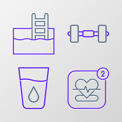 Set line Mobile with heart rate, Glass water, Dumbbell and Swimming pool ladder icon. Vector