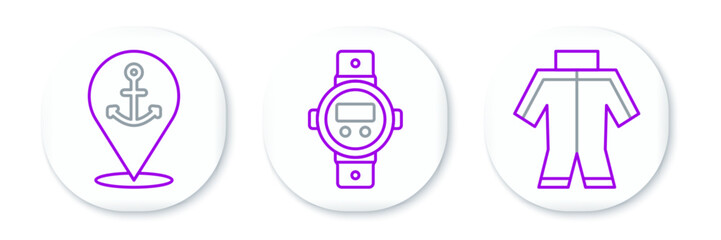 Set line Wetsuit, Location with anchor and Diving watch icon. Vector