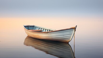 Naklejka premium A lone small wooden rowing boat is moored in calm water. The illustration creates a serene mood. Nature background. Design for banner, flyer, poster, cover or brochure.
