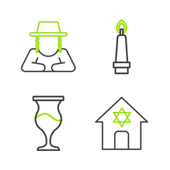 Set line Jewish synagogue, goblet, Burning candle and Orthodox jewish hat icon. Vector
