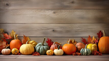 a rustic wooden background adorned with a bottom border of pumpkins, gourds, and fall decor in light colors. The composition provides ample copy space for conveying autumn messages and greetings.