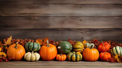 a rustic wooden background adorned with a bottom border of pumpkins, gourds, and fall decor in light colors. The composition provides ample copy space for conveying autumn messages and greetings.