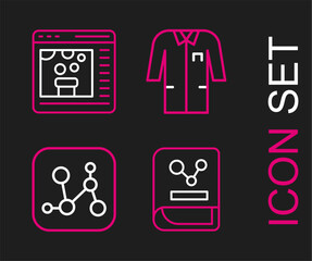 Set line Chemistry book, Chemical formula, Laboratory uniform and online icon. Vector