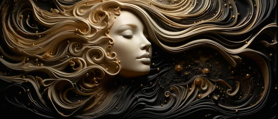  Abstrakcyjny obraz kobiety o blond włosach malowany piaskiem na czarnym tle. Sztuka 3d © yeseyes9