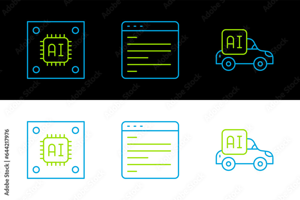 Poster set line autonomous smart car, processor with microcircuits cpu and computer api interface icon. vec