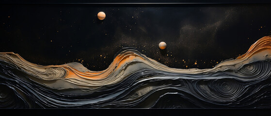 Tło malowane piaskiem na czarnym płótnie. Księżyc i gwiazdy nocą. Spienione mroczne fale