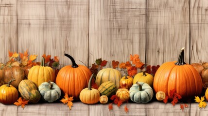 a rustic wooden background adorned with a bottom border of pumpkins, gourds, and fall decor in light colors. SEAMLESS PATTERN. SEAMLESS WALLPAPER.