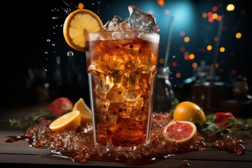 Cola with ice cubes and fresh berries on wooden table on dark background. 