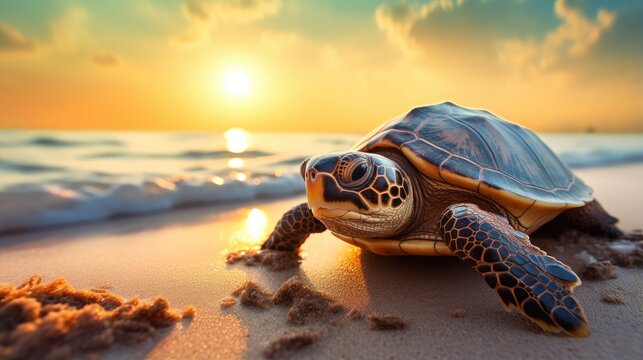 Close-up of a sea turtle crawling along the sand of the coast. Natural background. Modern screen design. Illustration for cover, postcard, postcard, banner, poster, brochure or presentation.