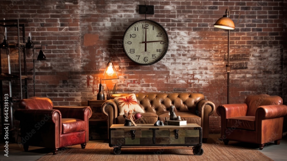 Wall mural Living room decor, home interior design . Industrial Rustic style with Brick Wall decorated with Metal and Wood material . Generative AI AIG26.