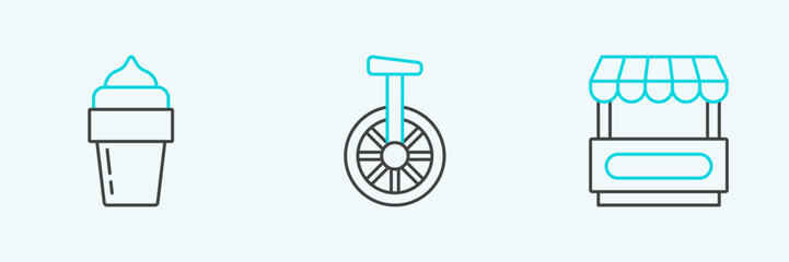 Set line Fast street food cart, Ice cream and Unicycle or one wheel bicycle icon. Vector © Oksana