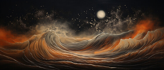 Obraz malowany piaskiem na czarnym płótnie. Księżyc i wzburzone fale gorącej lawy. Abstrakcja.