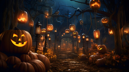 Jack o lantern Halloween background with pumpkins on the grave