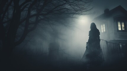 Frightening ghost in a cloak with a hood against the backdrop of a lonely ruined house in the fog. Abandoned haunted house scene as concept for spooky Halloween. Illustration for design. - obrazy, fototapety, plakaty
