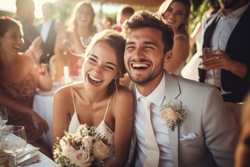 Happy wedding photography of bride and groom. Generative AI
