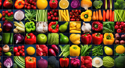 Fototapeta na wymiar Background of vegetables, fruits and berries. Top view of stalls with organic plant products in the farmer's market or store. Products for a healthy diet. Bright colorful showcase.
