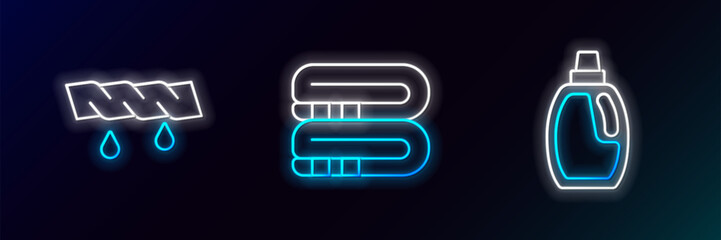 Set line Bottle for cleaning agent, Squeeze clothes and Towel stack icon. Glowing neon. Vector