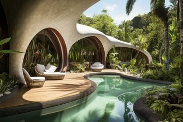 Obraz na płótnie Canvas Eco-Friendly Futuristic Villa with Natural Outdoor Swimming Pool - AI Generated