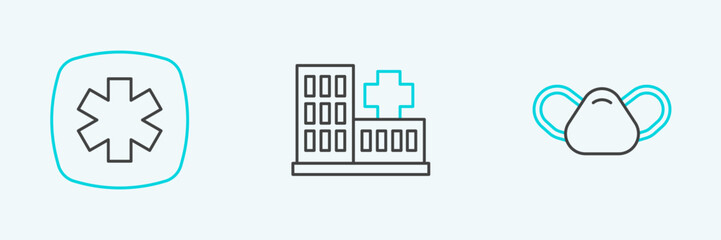 Obraz premium Set line Medical protective mask, Emergency - Star of Life and Hospital building icon. Vector