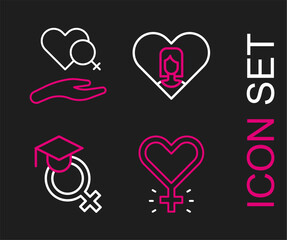 Set line Feminism, Teacher, Heart with female and gender icon. Vector