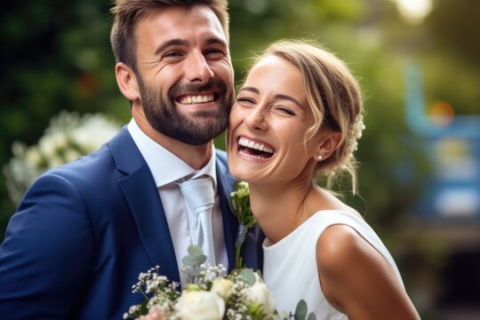 Happy wedding photography of bride and groom. Generative AI