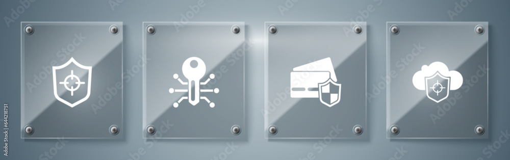 Poster Set Cloud and shield, Credit card with, Smart key and Shield. Square glass panels. Vector