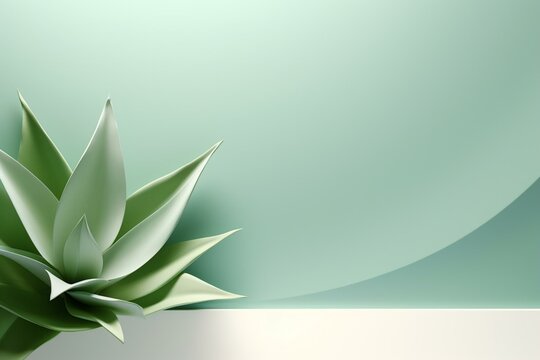 Minimal summer nature backdrop with white paper and agave leaf on green background. 3D rendered illustration. Generative AI