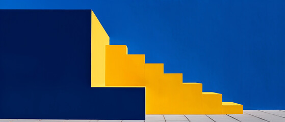 Niebiesko - żółte gładkie tło ze schodami do prezentacji produktu. Geometryczne kształty w przestrzeni. Ściana i podłoga. Kolory flagi Ukrainy. 