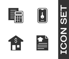 Set House contract, Calculator, with dollar and Online real estate icon. Vector