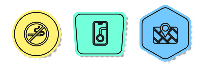 Set line No Smoking, City map navigation and Gps device with. Colored shapes. Vector