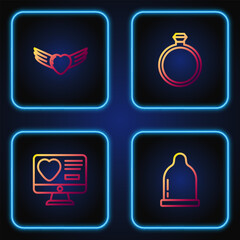 Set line Condom, Dating app online, Heart with wings and Diamond engagement ring. Gradient color icons. Vector