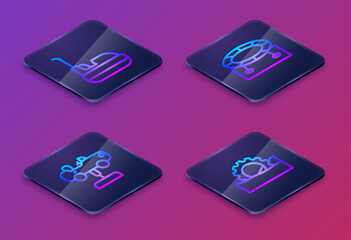 Set Isometric line Bumper car, Swing, Jumping trampoline and Ferris wheel. Blue square button. Vector