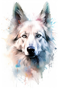 Watercolor dog illustration of a white german shepherd