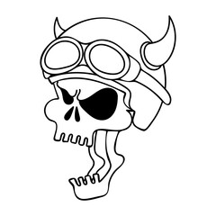 Scary skull in helmet with horns line art. Hand drawn doodle illustration.