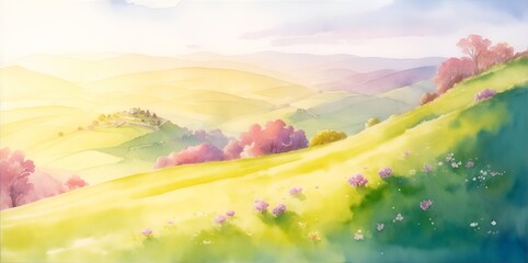 Fototapeta na wymiar Beautiful landscape wit rolling hills. Watercolor. AI generated illustration