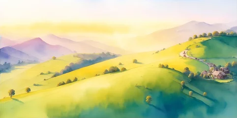 Poster Beautiful landscape wit rolling hills. Watercolor. AI generated illustration © vector_master
