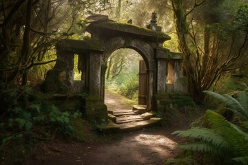 Enchanting gateway to a sacred realm amidst a mystical woodland. Generative AI