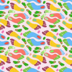 Нand-drawn seamless pattern with human footprint step. Smole and big. Simple design. Green, yellow, blue, pink. For textiles, paper, wrapping
