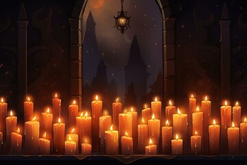 Illustration of a dim background with illuminated candles to commemorate All Souls' Day and All Saints' Day. Generative AI - obrazy, fototapety, plakaty