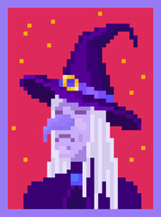 Pixel art witch portrait. Pixelated cartoon scary woman avatar, 8 bit retro style vector illustration