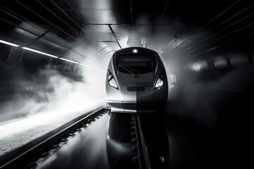 A fast train races through a smoky, illuminated tunnel on a black and white backdrop with its reflection on the floor. Generative AI