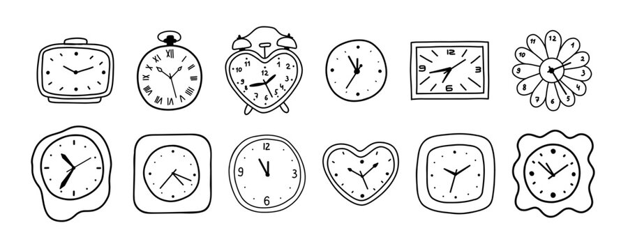 Black Doodle Outline Clock Set . Retro Scribble Style. Vector Illustration on Transparent Background
