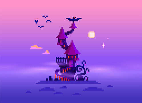 Pixel art witch castle. Fairytale ancient mansion exterior. Hidden old gothic tower fortress. Pixelated cartoon scary house, 8 bit retro style vector illustration