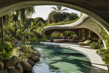 Obraz na płótnie Canvas Eco-Friendly Futuristic Villa with Natural Outdoor Swimming Pool - AI Generated