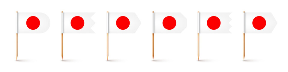 Realistic various Japanese toothpick flags. Souvenir from Japan. Wooden toothpicks with paper flag. Location mark, map pointer. Blank mockup for advertising and promotions. Vector illustration