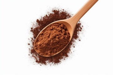Ground coffee in wooden spoon on transparent background. Generative AI