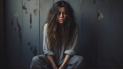 Depressed woman with anxiety and mental disorders - obrazy, fototapety, plakaty