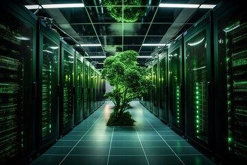 Eco-friendly data center with energy-efficient servers. Generative AI - obrazy, fototapety, plakaty