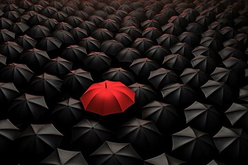 Fototapeta na wymiar a red umbrella above black umbrellas. Generative AI