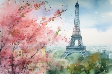 Watercolor painting depicting a blossoming tree and Paris landscape, featuring the iconic Eiffel Tower. Generative AI